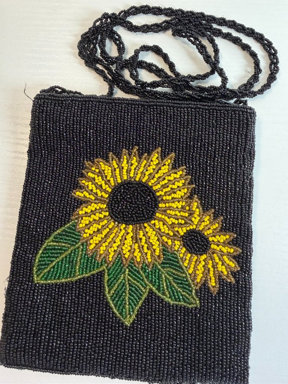 Ermo Collection Black Beaded Crossbody Bag Sunflower, Yellow, green 6x7"